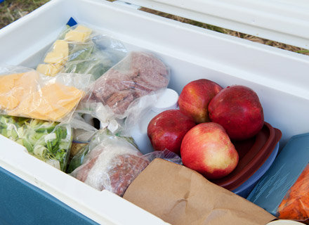A bunch of fruit snacks in a cooler ready to go for a road trip